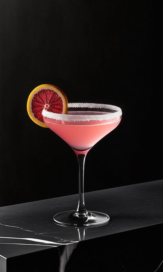 Pink cocktail in a martini glass with a blood orange slice on a black background