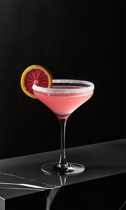 Pink cocktail in a martini glass with a blood orange slice on a black background